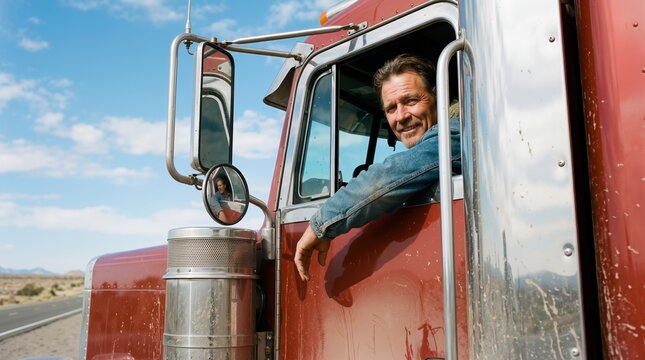 Caucasian man with beard sitting in red semi truck cabin and smiling at camera on highway. Transportation industry and logistics career banner with copy space
