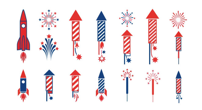 Collection of festive firework rockets and celebration elements in patriotic colors.