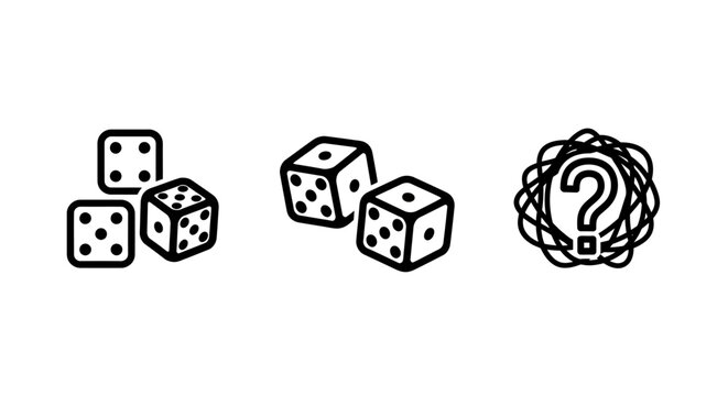 Set of gaming and uncertainty icons featuring six-sided dice and a confused question mark symbol gambling uncertainty question probability decision confusion entertainment recreation strategy