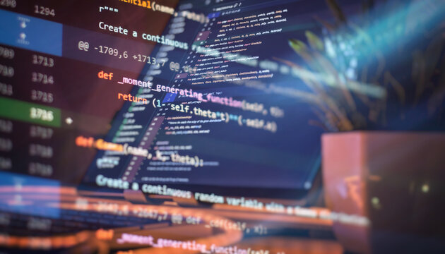 Overlay of Python programming code on a laptop screen, with visible desk elements like a plant and RGB keyboard in warm lighting.