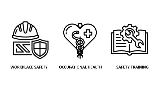 Workplace safety and occupational health training icons with workplace occupational training protection industrial prevention regulation standard compliance education equipment management