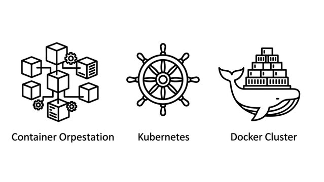 Cloud computing and software deployment architecture diagram icons with computing architecture deployment software container orchestration kubernetes infrastructure microservices technology
