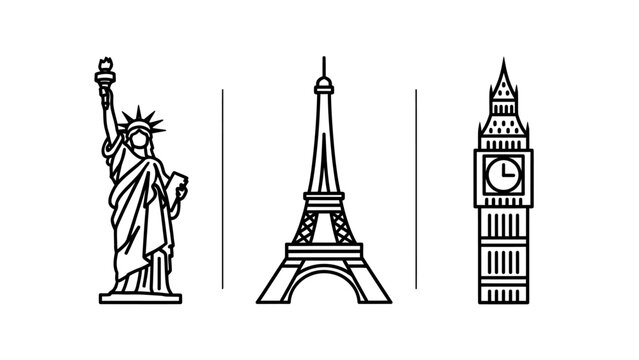 Famous global landmark icons featuring statue of liberty eiffel tower and big ben clock tower landmark monument architecture traveling vacation illustration sightseeing cultural heritage