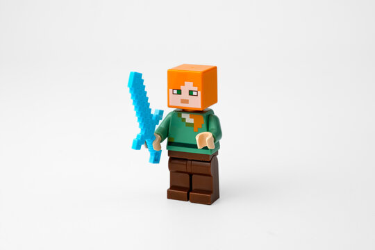 A Minecraft toy figure holding a blue sword and standing on a white background. Suitable for Minecraft toys, gaming merchandise, or figures on Apr 13, 2026 in Jakarta, Indonesia