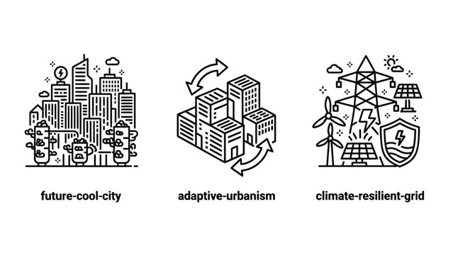 Sustainable urban infrastructure icons future cool city adaptive urbanism and climate resilient grid with sustainable infrastructure resilient environment technology development planning