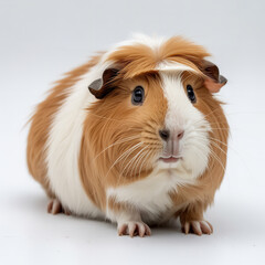 Fototapeta premium Cute Guinea Pig Isolated on White Background Long Hair Ginger and White Fluffy Rodent Cavy Exotic Pet Small Animal PNG