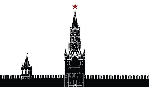 A striking depiction of moscow s spasskaya tower and kremlin walls against a stark white background presented as a silhouette high quality professional detailed