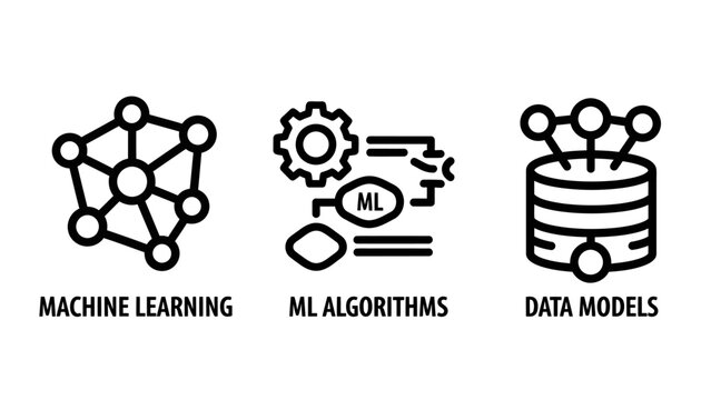 Set of machine learning algorithms and data model technology icons with learning algorithm technology artificial intelligence database computing innovation software development analysis