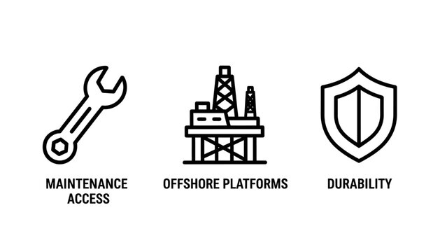 Industrial maintenance and offshore platform durability icons with mechanical repair industry standard maintenance offshore platform durability industry industrial structure protection