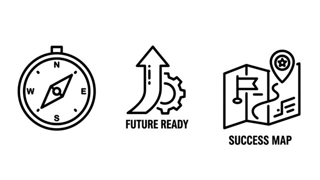 Strategic success and future ready planning icon set with planning strategy navigation direction progress business development leadership motivation optimization efficiency technology