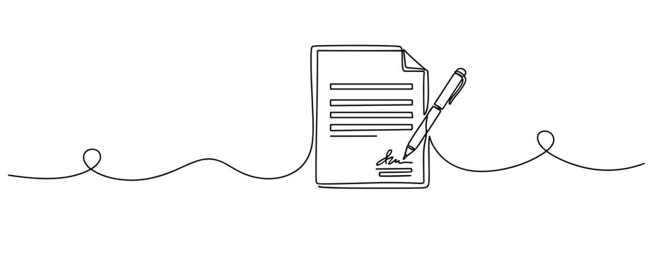 Continuous line drawing of signed document with pen on white background. No editable stroke