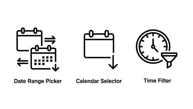 Time management and calendar filtering vector icon set with calendar selector management schedule planning deadline organizer tracking productivity software interface business application