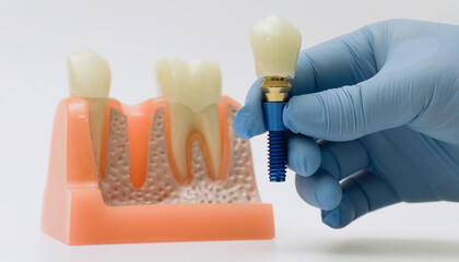 Gloved hand holding dental implant next to jaw model © Maximusdn
