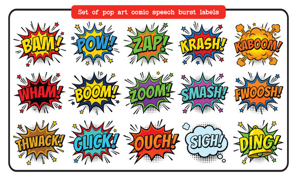 Collection of Vibrant Pop Art Action Word Speech Bubbles for Dynamic Designs