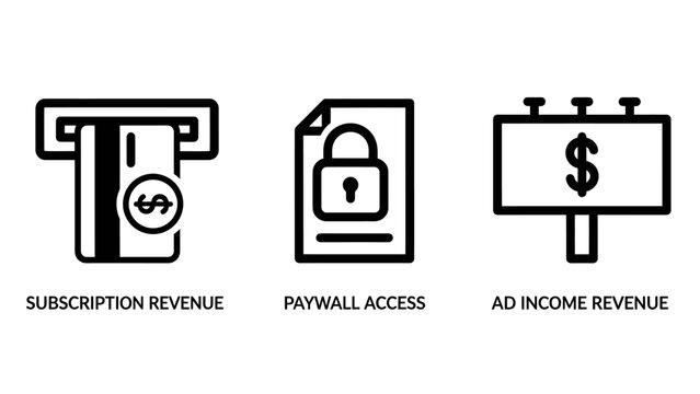 Subscription and revenue model business icons with subscription advertising billboard business commerce membership marketing monetization transaction management strategy monochrome