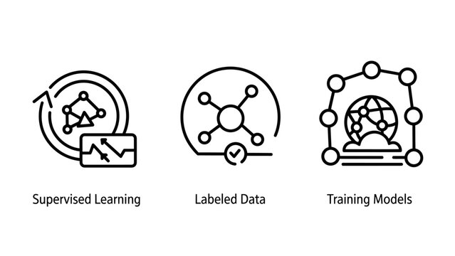 Artificial intelligence machine learning icons set with learning artificial intelligence supervised training algorithm automation information database analytics computer innovation