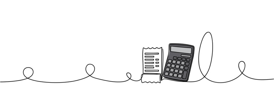 Calculator and receipt resting on continuous line background. no editable stroke