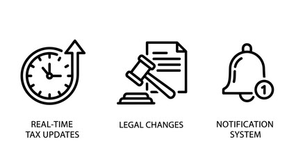 Fototapeta premium Set of legal compliance and notification system icons representing real-time tax updates legal changes and alerts with notification document compliance regulation financial business government