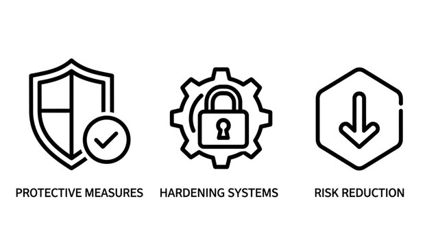 Set of cybersecurity protection and risk management icons with protection security checkmark reduction hardening prevention mitigation authentication encryption software information
