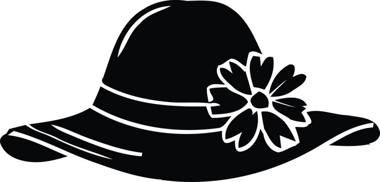 Black hat with white flower decoration, side view