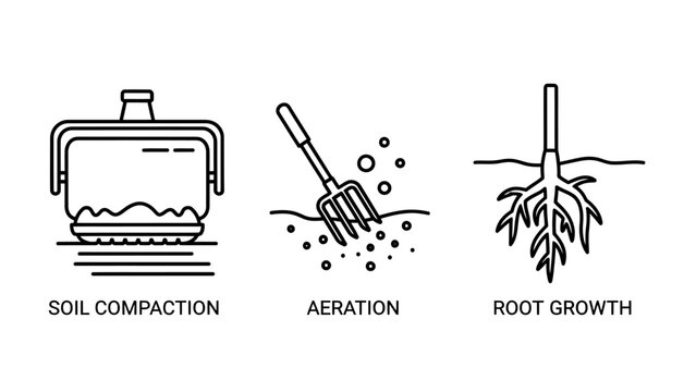 Educational infographic illustrating soil compaction aeration root growth with compaction aeration gardening agriculture landscape horticulture cultivation development infographic education