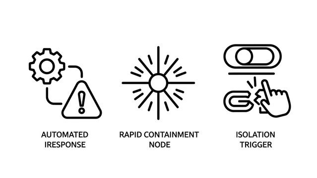 Set of digital technology and industrial process control system icons with text labels automation response containment isolation technology industrial security software management technical