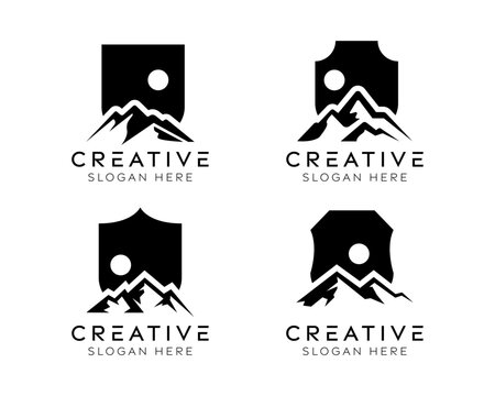 Set of mountain defense logo design templates. Modern isolated mountain with shield design for adventure, security, and finance.