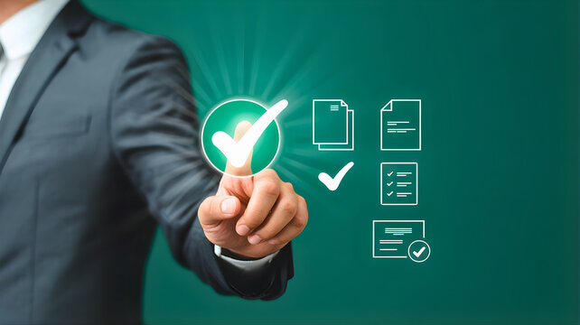 Compliance at Your Fingertips: A business executive selects a digital checkmark, symbolizing quality assurance and the seamless fulfillment of legal requirements. It speaks of trustworthiness.