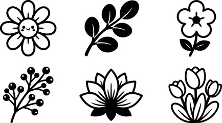Obraz premium Black and white floral icons with smiling daisy berries lotus and tulips