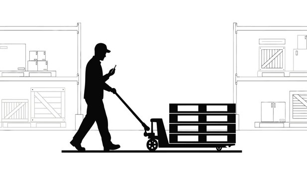 A worker pushing a loaded pallet jack through a warehouse depicted in a stark black silhouette against a white backdrop silhouette high quality professional