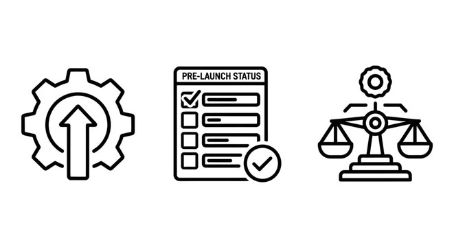 Business icons: settings pre-launch status balance with flat design business settings progress checklist decision analysis strategy planning management development evaluation optimization