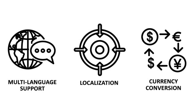Multi-language support localization currency conversion icons with speech bubble localization currency conversion translation communication exchange crosshair business technology connection