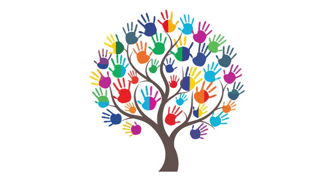 Colorful handprint tree representing diversity and community inclusion