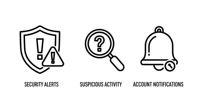 Security icons for alerts suspicious activity account notifications with alert icon security system notification icon alert sign warning sign security suspicious activity notification