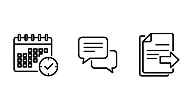 Calendar with clock icon chat bubbles icon document with arrow icon line art calendar schedule messaging communication document download transfer information collection business