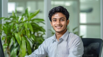Fototapeta premium Young professional smiling at desk with laptop in office environment with plant backdrop near window