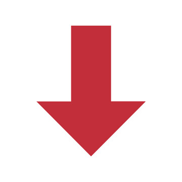 Red down arrow icon isolated on white background, flat vector illustration