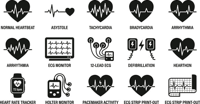 Black heart rate and ECG medical icons on white background for healthcare concepts