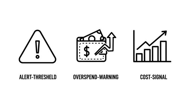 Financial monitoring and budget alert icons representing alert thresholds overspend warnings and rising cost signals with threshold overspend management increase monitoring business investment