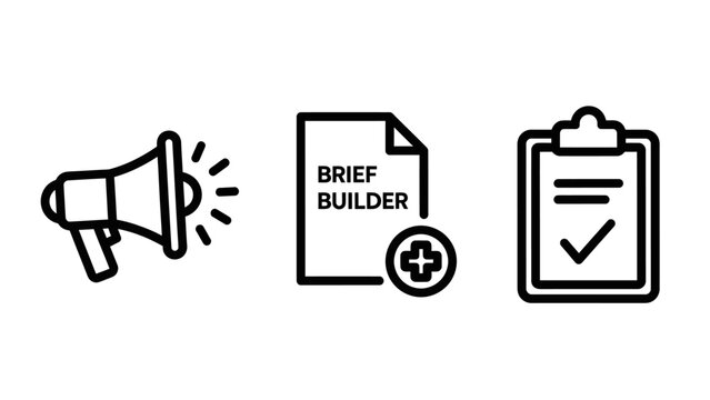 Business productivity icon collection featuring a megaphone for marketing announcements a brief builder document for project planning a clipboard with a checkmark for task completion megaphone