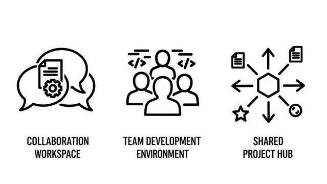 Software team collaboration icons set representing a communication workspace a development environment with code tags a shared project hub for centralized resource management collaboration