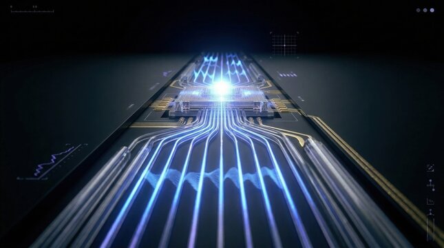 Blue optical data streams converging into photonic processor on futuristic circuit board showcasing ultra fast computing and signal transmission