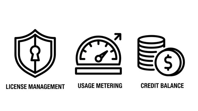 Saa s management and billing icons representing software license management usage metering and account credit balance with management metering security protection speedometer dashboard software