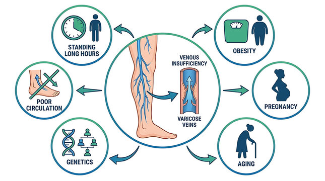 Comprehensive medical infographic illustrating varicose vein risk factors including prolonged standing obesity pregnancy aging genetics and poor circulation leading to venous insufficiency