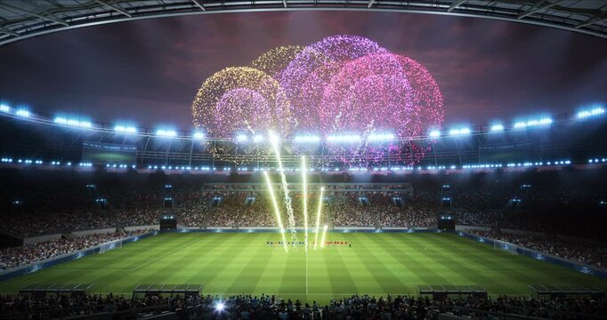 Soccer Stadium as the Championship Opening Ceremony, Players Standing in Lineup Before the Match Game; League Cup Fireworks Explode Above the Global Arena at Kick-off. Wide High Side angle Static View