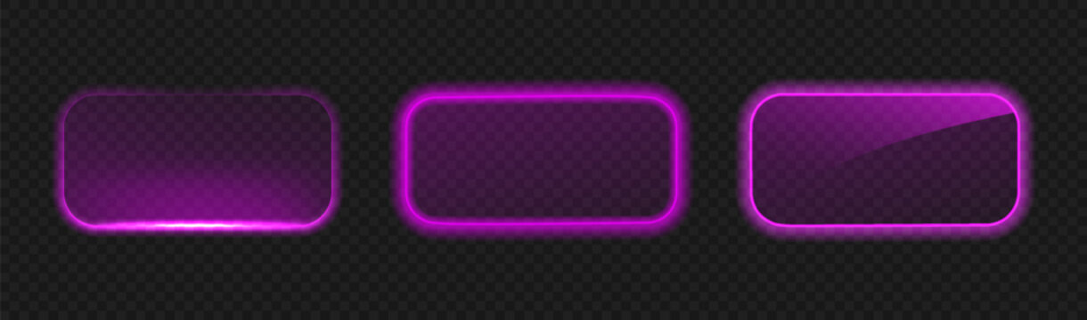 Neon pink button collection. Glowing rectangle frame. 3D light LED box. Glowing vector banner futuristic UI
