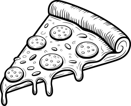 Black and white line slice of pepperoni pizza with dripping cheese white background