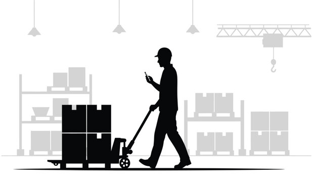A warehouse worker pushes a loaded pallet jack while looking at a mobile device showcasing modern logistics and operations silhouette high quality professional detailed