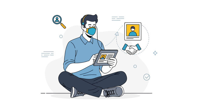 Man in mask using tablet for online job search and hiring, handshake icon