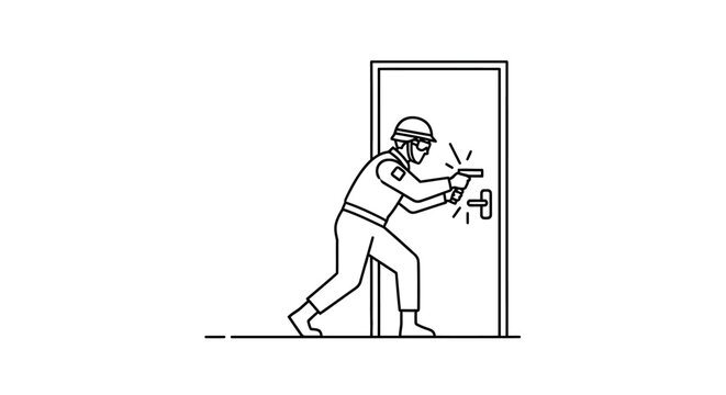 Police officer with gun raiding a door, tactical entry, law enforcement action